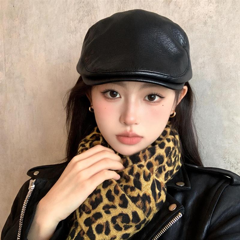 American retro street hat leather beret women's summer thin solid color casual versatile face small forward hat