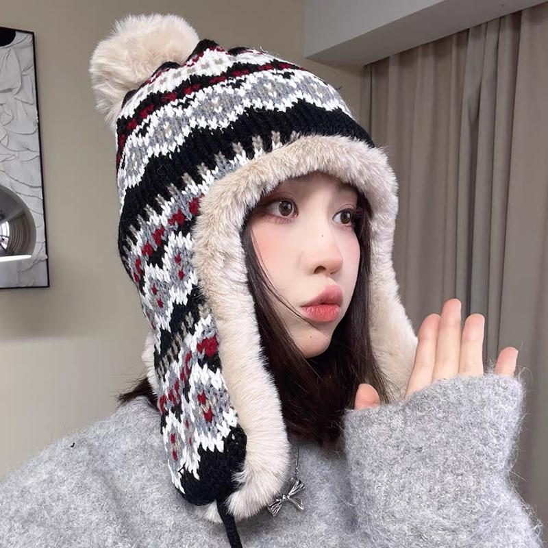 Knitted Fluzzy Russain Hat Trapper Earflap Outdoor Ski Cap Male Female Thick Warm Winter Beanie Hat Fur Pompom Bomber Hat