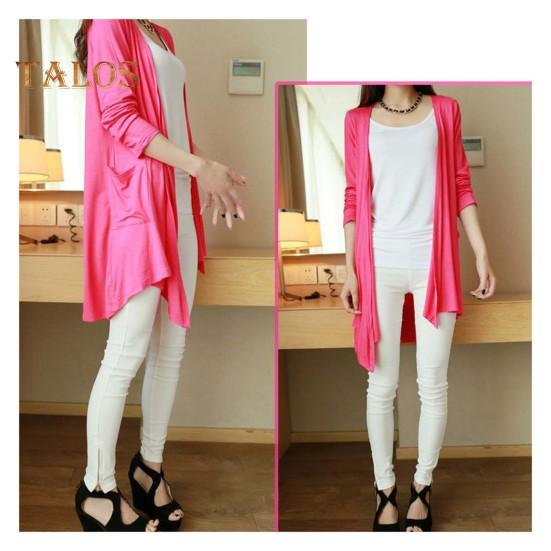 Весенне-осеннее женское пальто свободного кроя средней длины однотонного цвета с длинными рукавами, тонкое с карманами и открытой строчкой, повседневная одежда, кардиган для поездок на работу