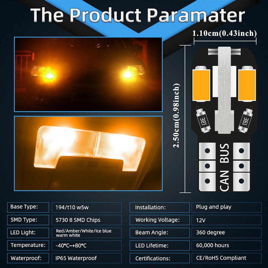 10/20 шт. Светодиодные лампы W5W T10 для автомобиля, лампа для чтения, габаритные огни, 8SMD 12V 194 168, боковая клиновидная лампа для подсветки номерного знака автомобиля, теплый белый