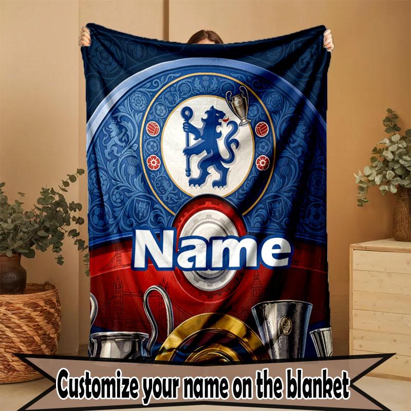 Custom Name Personalized Chelsea Football Club Print Blanket, Home Decor, Bedroom, Sofa, Camping, Couch, Gifts for Birthday Christmas