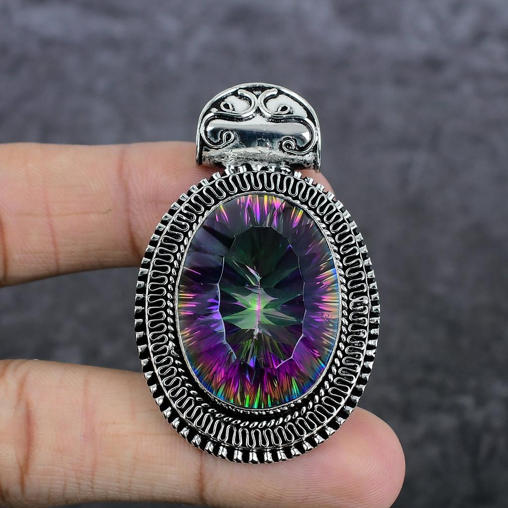 Natural Mystic Topaz Gemstone 925 Sterling Silver Jewelry Pendant 2.21" J8d11