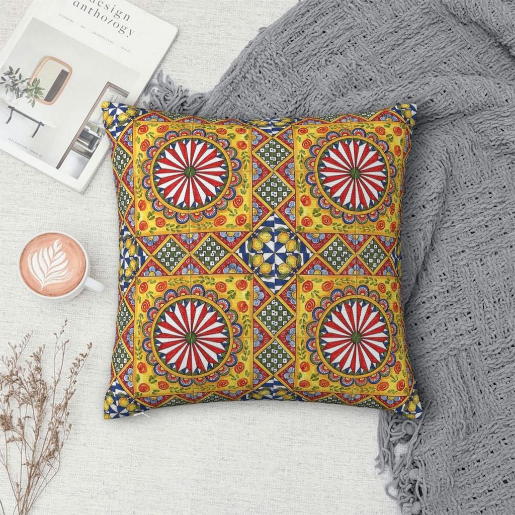 Sicilian Italy Arabesque Square Pillowcase Polyester Linen Velvet Pattern Zip Decorative Sofa Cushion Cover