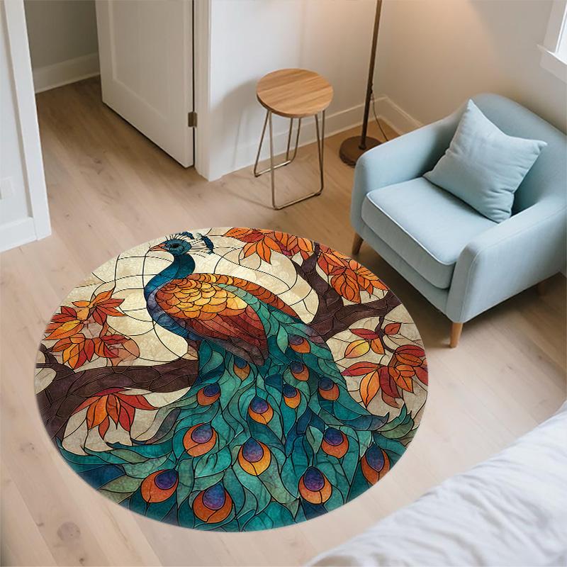 Stained Glass Peacock Round Area Rug,Carpet Rug for Living Room Bedroom Sofa Playroom Decor,Non-slip Floor Mat