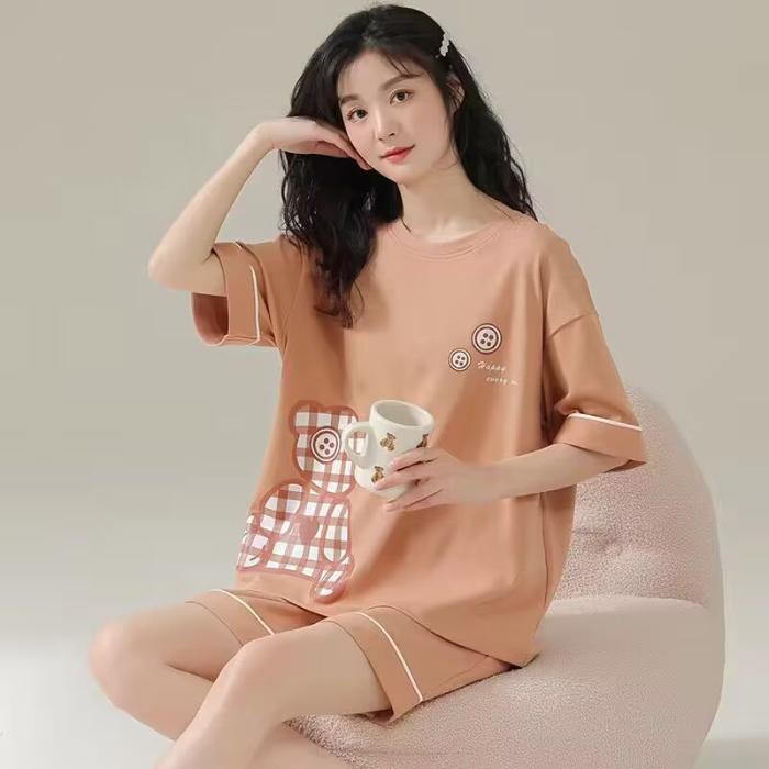 Women's Pajamas Set Summer Cute Cartoon Print Leisure Young Girls Sleepwear Short Sleeve Tops and Shorts Pijamas Women Homewear