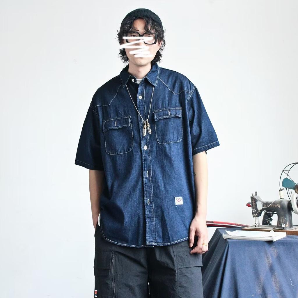 Японский ретро модный бренд летняя свободная джинсовая рубашка с короткими рукавами художественная молодежная рабочая рубашка мужская и женская многослойная куртка