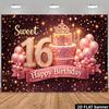 2D сцена: Тема вечеринки в честь 16-летия — «Сладкие 16». Золотая бриллиантовая цифра 16, золотисто-розовые воздушные шары.