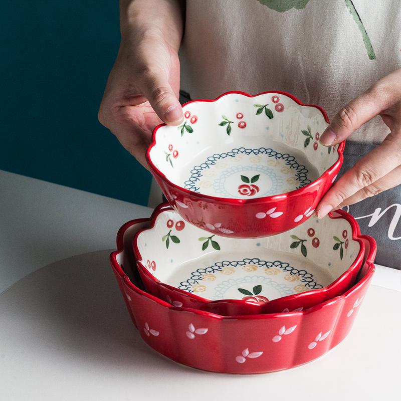 Керамическая красная миска с вишней, салатница, подставка для риса и пасты, миска-рамекин, синяя столовая посуда с цветочным узором, можно мыть в посудомоечной машине