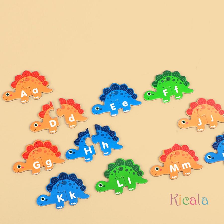 Wooden Dinosaur Alphabet Matching Puzzle , Double Sided Cards Words And Letters Learning Toy for Kids Interactive Tabletop Game