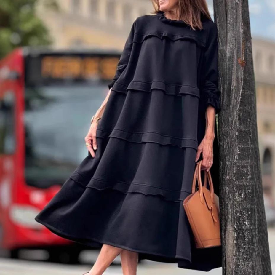 2025 Spring and Summer New Women's Clothing Long-sleeved Splicing Round Neck Ruffle Edge Dress