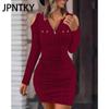 JPNTKY Женская мода осень-зима однотонный принт длинный рукав V-образный вырез повседневные платья