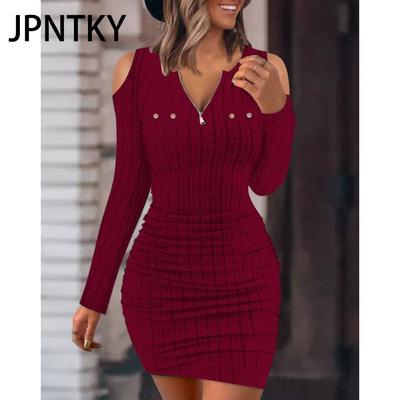 JPNTKY Женская мода осень-зима однотонный принт длинный рукав V-образный вырез повседневные платья