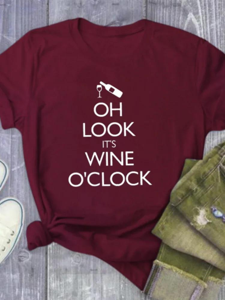 Время пить вино Футболка с принтом букв Женская с коротким рукавом Круглый вырез Свободная футболка Дамская Летняя Женская Футболка Топы Camisetas Mujer