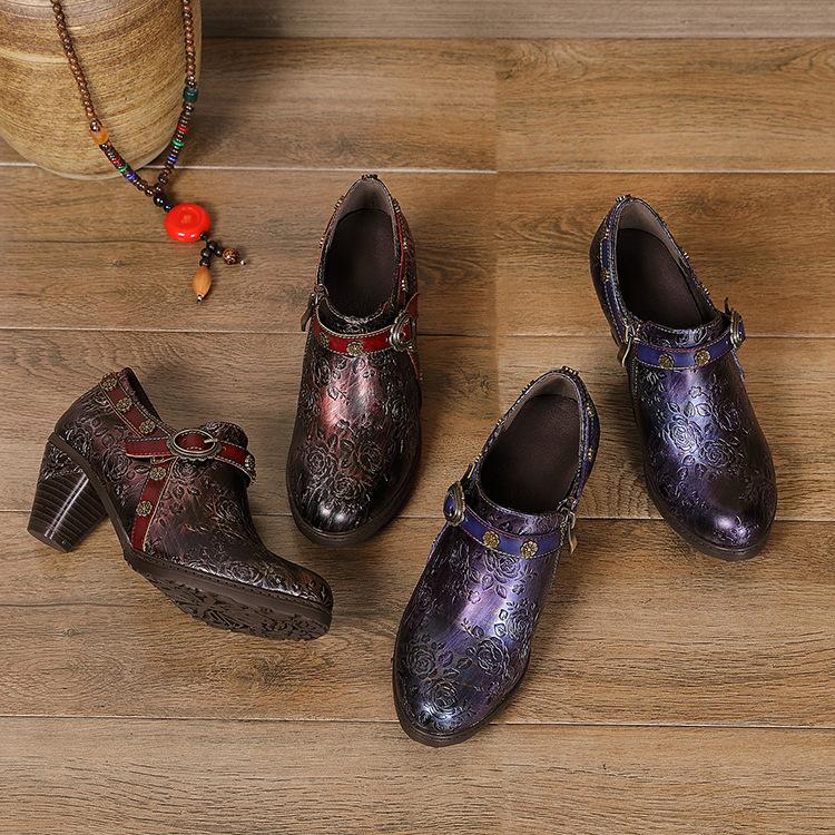 Johnature Genuine Leather Pumps Women Shoes Retro Round Toe Casual High Heels Printed Handmade Ladies Shoes
