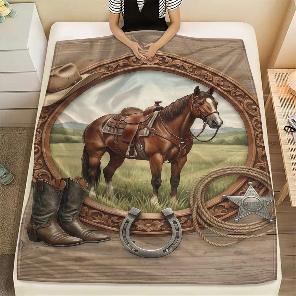 1Pc Woodenlivestock Print Flannel Blanket, High quality Comfortable for All Seasons, Home Decor, Warmth and Comfort, Perfect for Christmas Gifts
