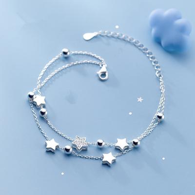Серебряный браслет-звезда 925 пробы, цвет серебра, модный корейский, с пятью лучами, двойной браслет с кристаллами