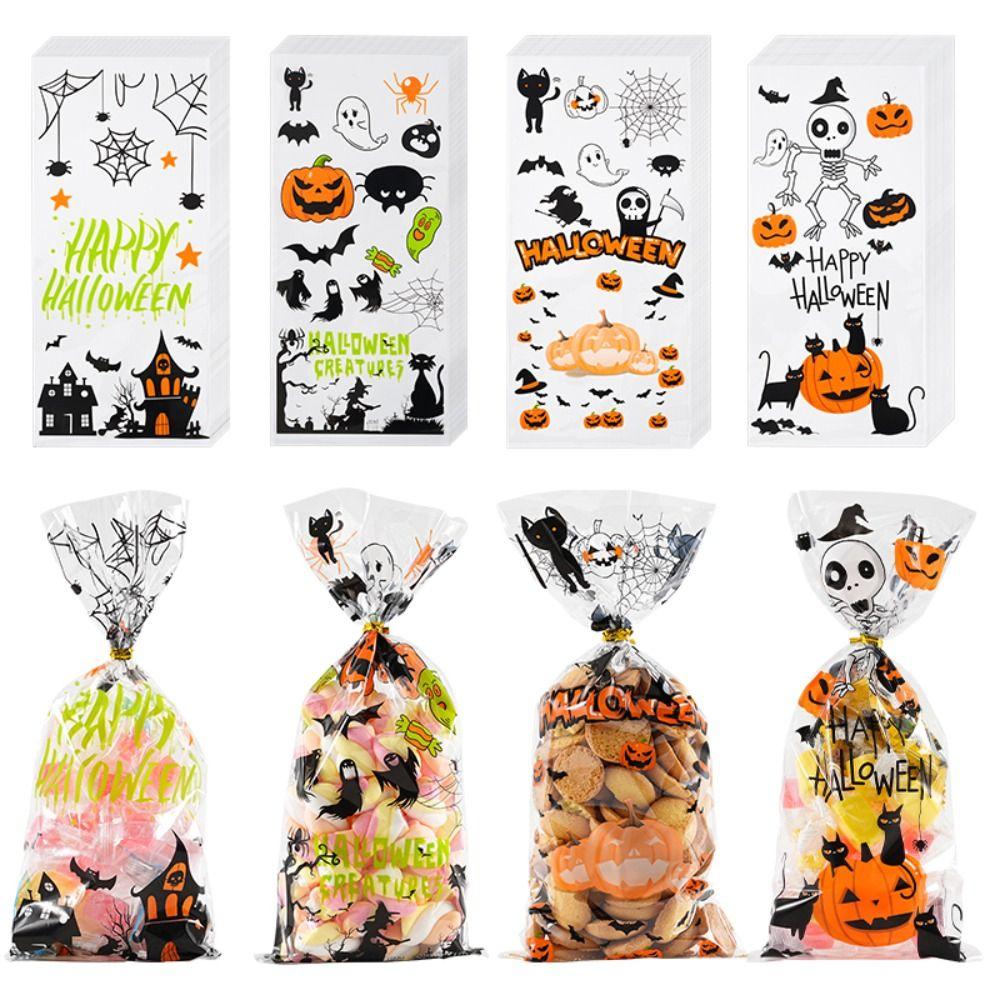 50pcs Trick or Treat Halloween Candy Bags Transparent Cellophane Pack Gift Bags  Kids Party Favors