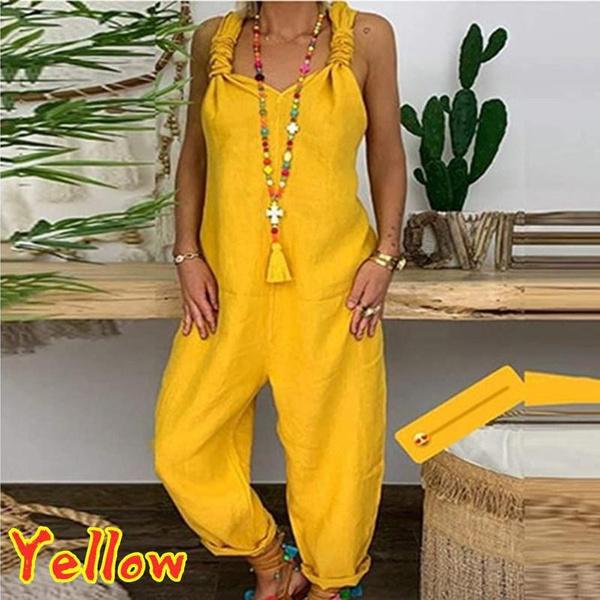 Women Casual Loose One-piece Suspender Pants Summer Solid Color Sleeveless Baggy Rompers Classic Long Overalls Jumpsuits