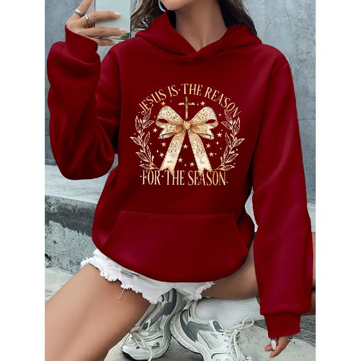 JESUS IS THE REASON FOR THE SEASON Loose Casual Hoodie with Bowknot Cross