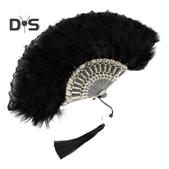 Винтажный складной веер с перьями и кружевом с кисточками, портативный летний ручной веер, украшение для танцевального представления, реквизит для костюмов для вечеринок