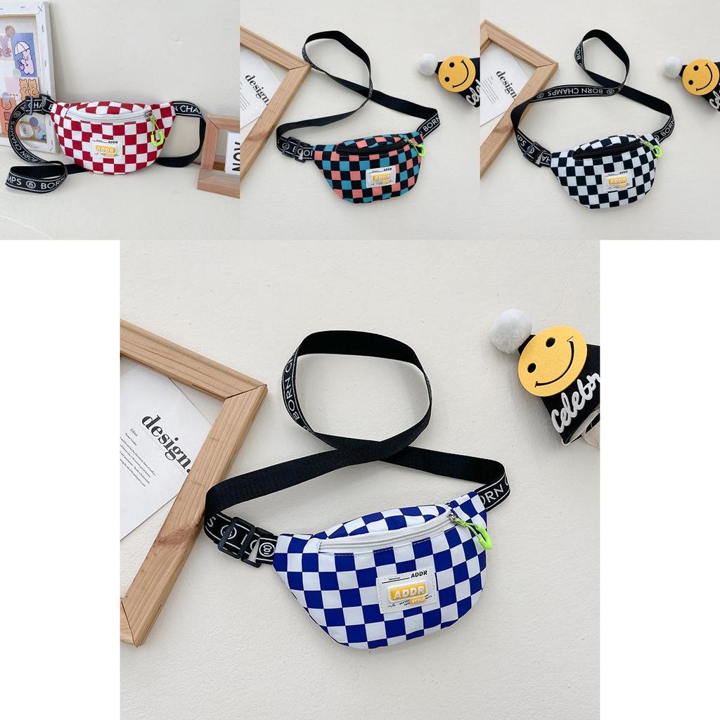 Boys Nylon Chest Bag Trendy Kids Waist Pack Checkered Pattern Small Crossbody