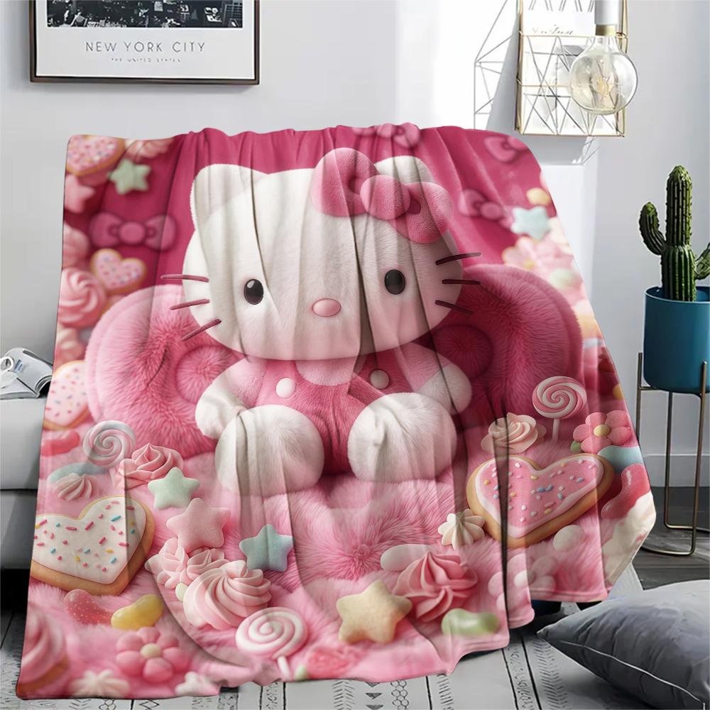 1 шт. Розовое фланелевое одеяло Hello Kitty с принтом, Высококачественное, Для всех сезонов, Декор для дома, Тепло и комфорт, Идеально для рождественских подарков