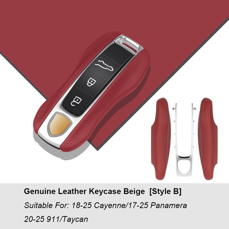 Luxury Genuine Leather For Porsche Boxster Cayman Panamera Cayenne Macan 718/911 Taycan Car Key Case Cover Protective Keychain
