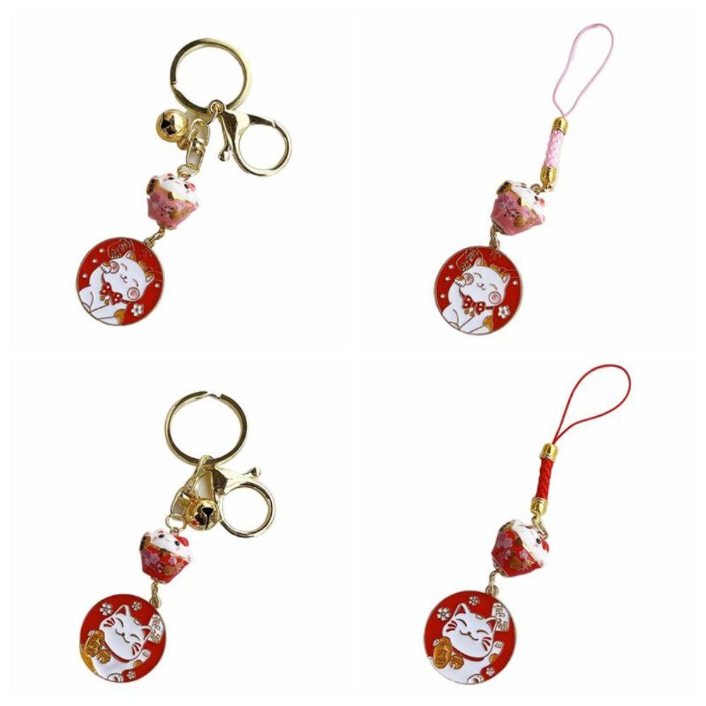 Small Bell Maneki Neko Pendant Japanese Style Car Keyring Cute Ceramic Cat Keychain Children Gifts