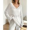 Womens Knit Sweater Fall Lazy Sheer Thin V-Neck Flared Sleeve Pullover Top
