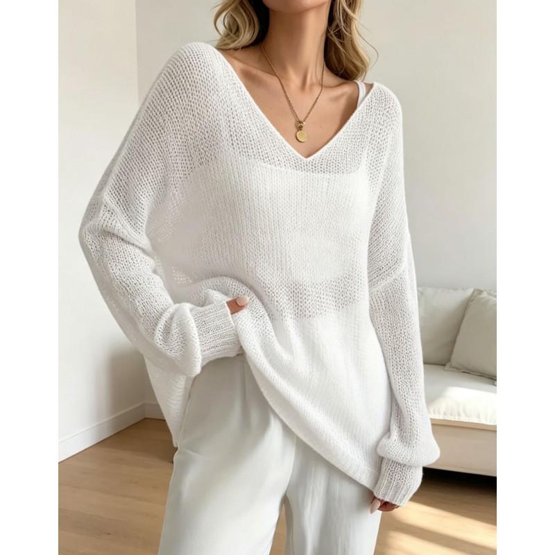 Womens Knit Sweater Fall Lazy Sheer Thin V-Neck Flared Sleeve Pullover Top