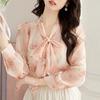 Мода 2024 Осень Длинный рукав На шнуровке Воротник-бант Принт Шифон Блузка Рубашка Женские Топы Блузки Рубашки J424