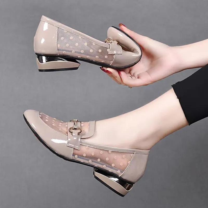 WTEMPO Туфли-лодочки большого размера из искусственной кожи в сеточку, однотонные, женские, на низком толстом каблуке, легкие, дышащие