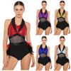 Женский комбинезон для соревнований по румбе и ча-ча S-XXL: Блестящий Color Block с пайетками, сетчатая талия, вырез, без рукавов, леотард с перьевой отделкой по низу