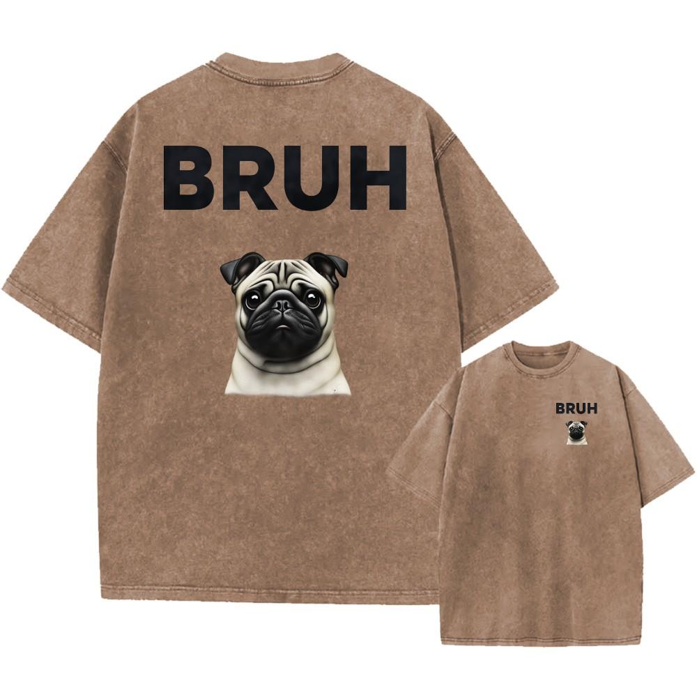 Oversized Vintage Washed TShirt Funny Pug BRUH Print Unisex Casual Tee