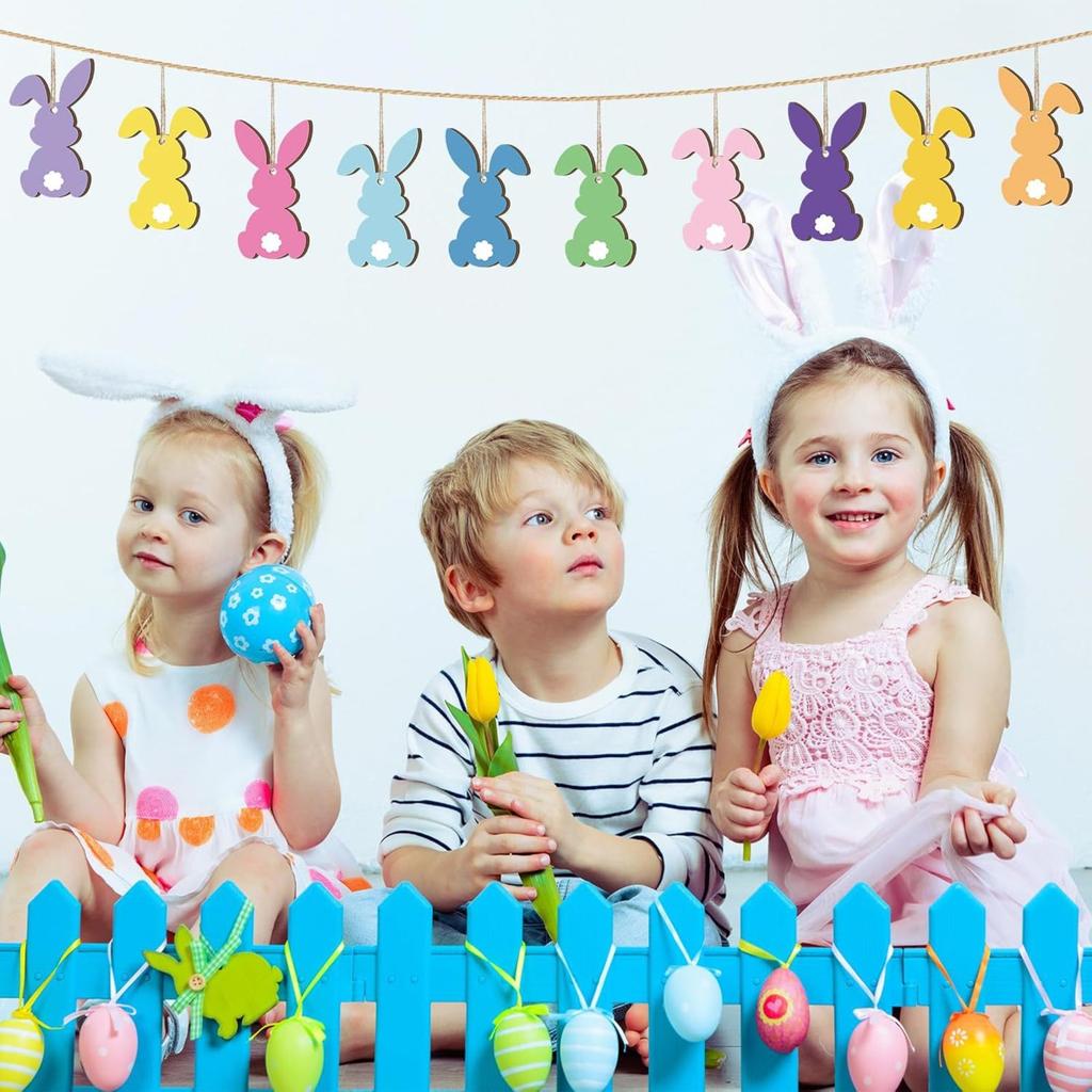 24Pcs Easter Bunny Tree Ornaments Easter Wooden Hanging Decor 12 Color Embellishments For Tree Wood Bunny Tags Shape Cutouts With String For Party2D