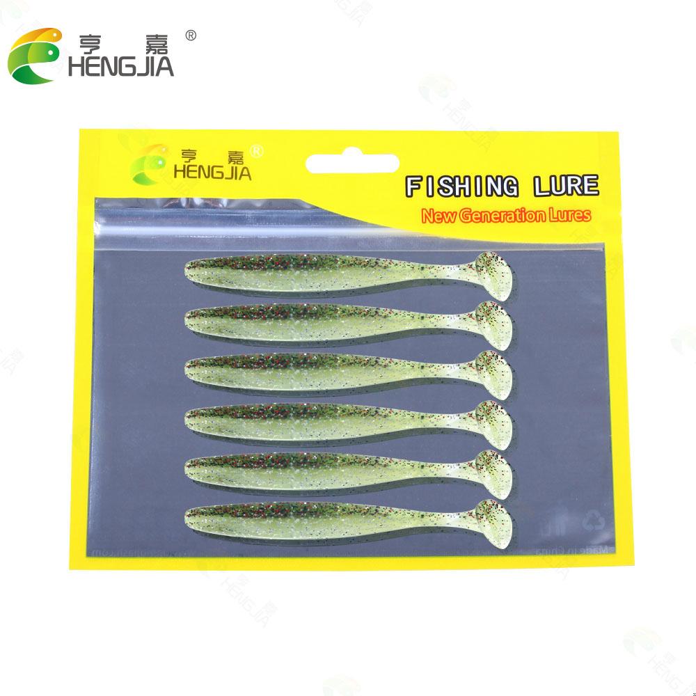 HENGJIA 6 шт., двухцветные блестящие рыболовные приманки, мягкая приманка, 9 см, искусственная приманка, снасти, джеркбейты, приманка для плавания, Т-образный хвост для щуки и окуня
