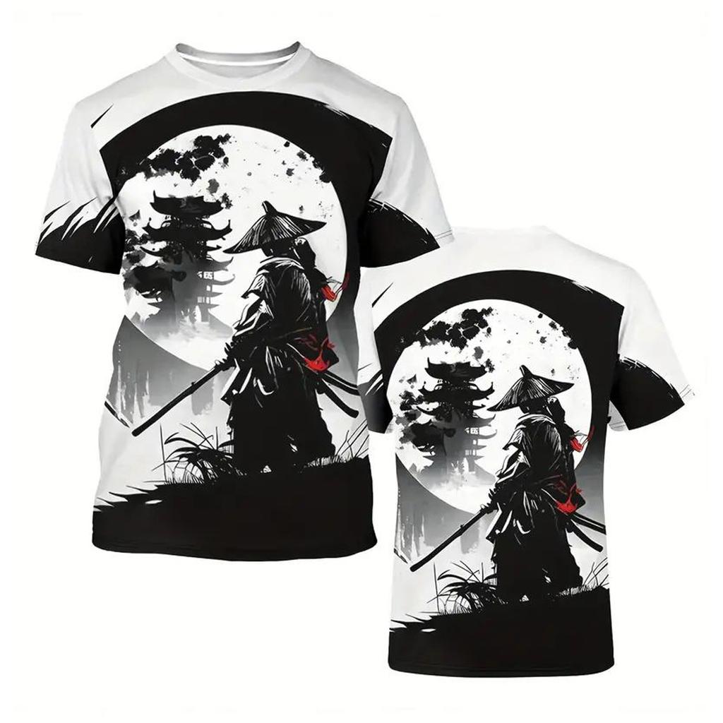 Летняя мужская футболка Samurai Harajuku Printed Round Neck Short Sleeve Street Trend Tops Male Oversize Clothing Футболка для мужчин