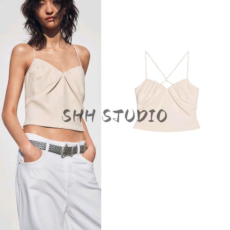 Spring and Summer New Women's Clothing Linen Blended Heart-Shaped Collar Ruched Design Minimalist Camisole Tops 3067028