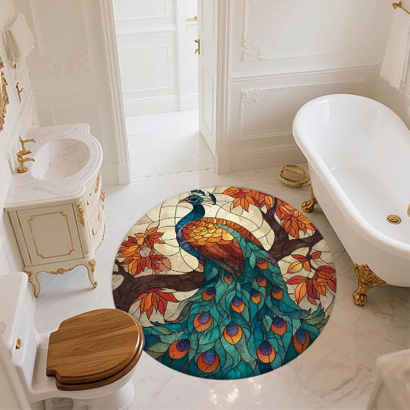 Stained Glass Peacock Round Area Rug,Carpet Rug for Living Room Bedroom Sofa Playroom Decor,Non-slip Floor Mat
