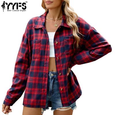 Женская мода повседневная весна-осень клетчатый принт длинный рукав воротник поло блузки и рубашки