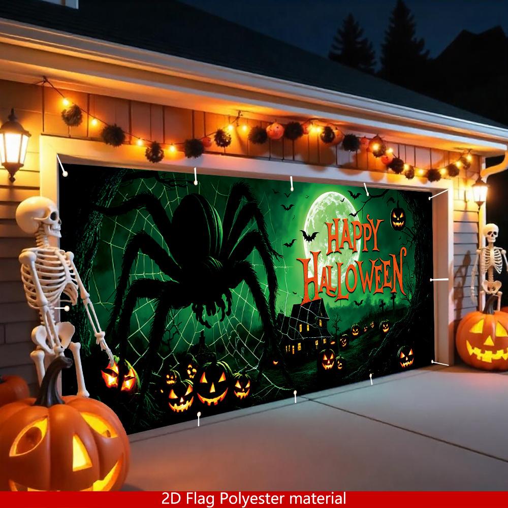 2D flat, 1 piece Happy Halloween garage flag, polyester spider-themed decorative background