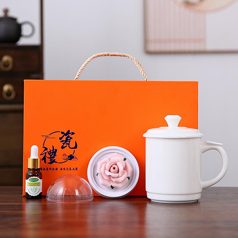 Guochao aromatherapy porcelain flower Dehua suet jade office cup teacup gift box for girlfriends and ladies with gifts for customers