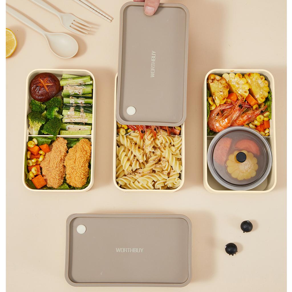 WORTHBUY Portable Divided Plastic Bento Lunch Box With Lid Microwave Heatable Stackable Sealed Lunch Contianer For Students Kids