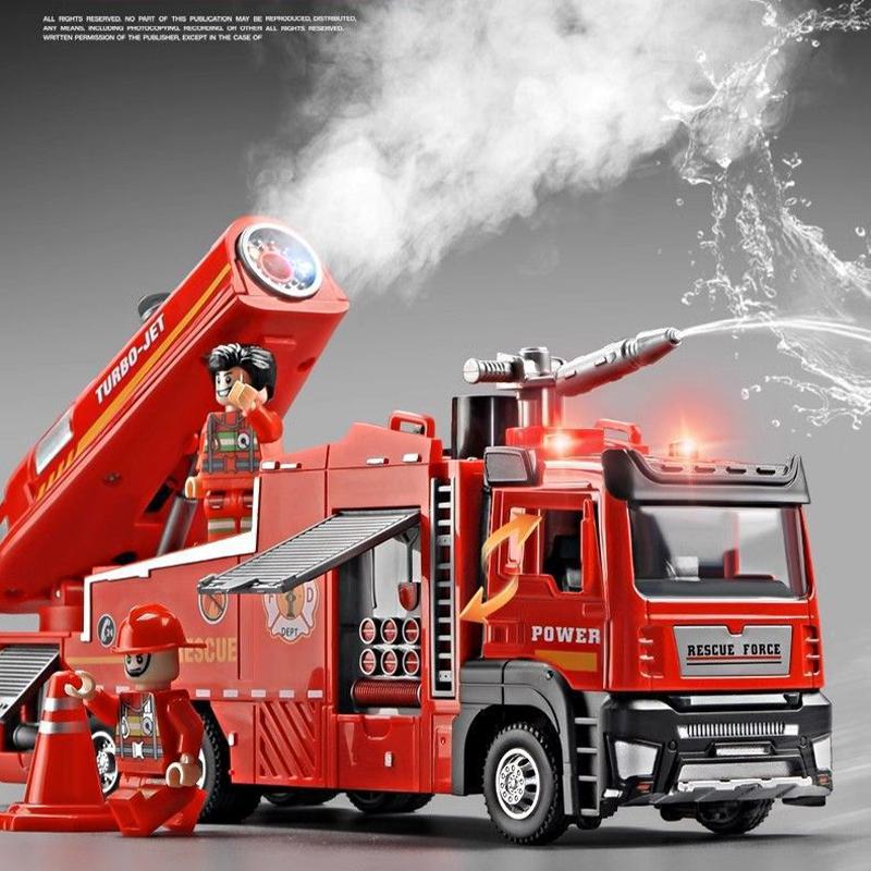 Water Spray Fire Truck Model Ladder Trucks Toy Car Sound Light Pull Back Doors Opened Vehicle Collection Boys Gift