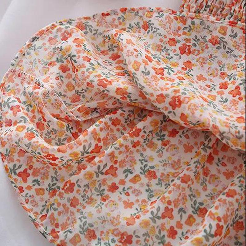 Women's Puff Sleeve Chiffon Shirt Off Shoulder Square Neck T-Shirt Slim Fit Women's Floral Top Womens Blouses