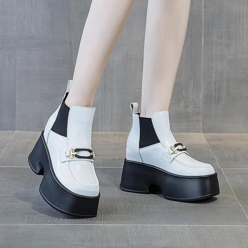 Модные 11 см натуральная кожа зимние плюшевые платформы танкетки модные осенние ботинки женские сапоги весенние эластичные Babd увеличивающие рост обувь