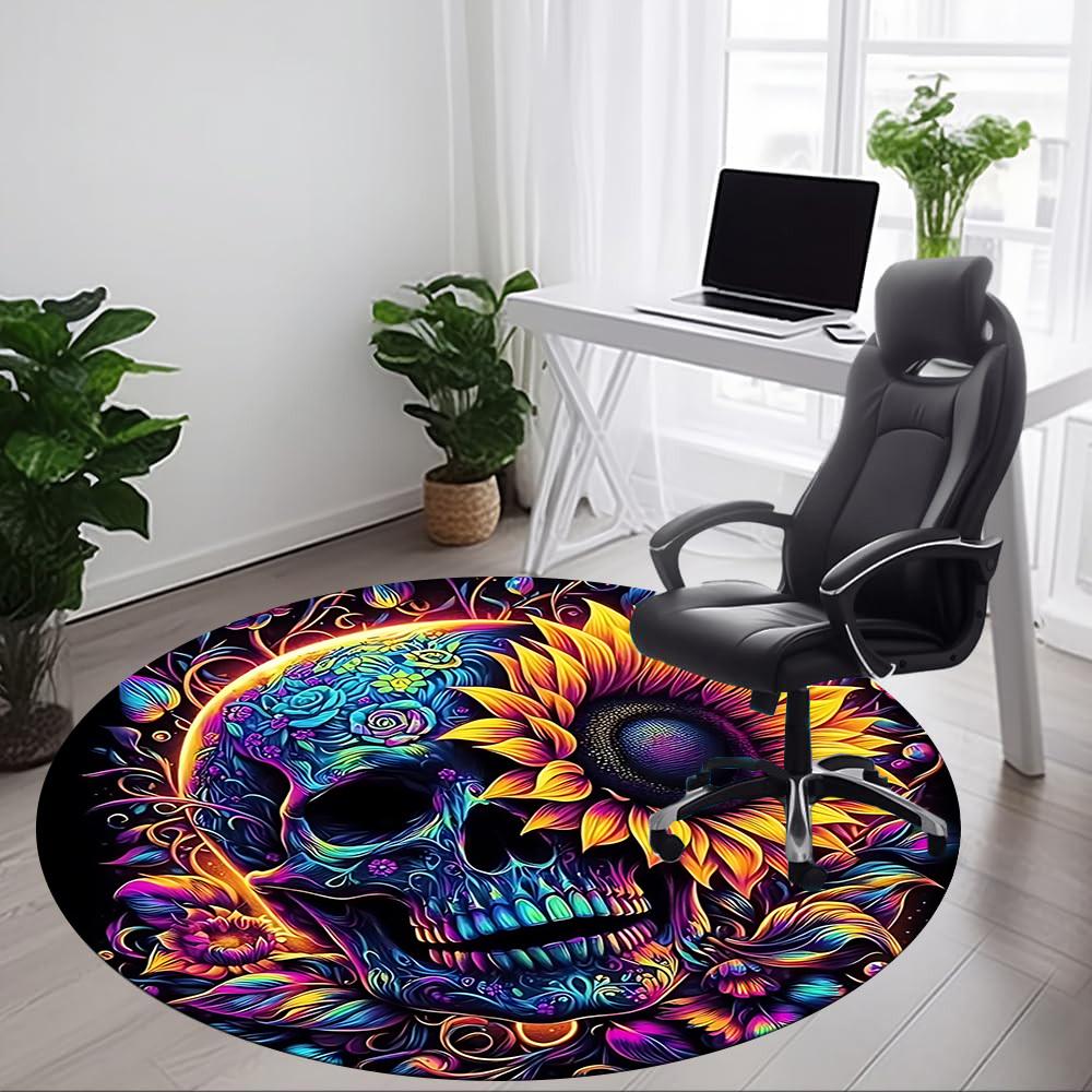 1pc Colorful Skull Art Chair Carpet for Office, Round Non Slip Durable Large Size Office Carpet, Suitable for Office