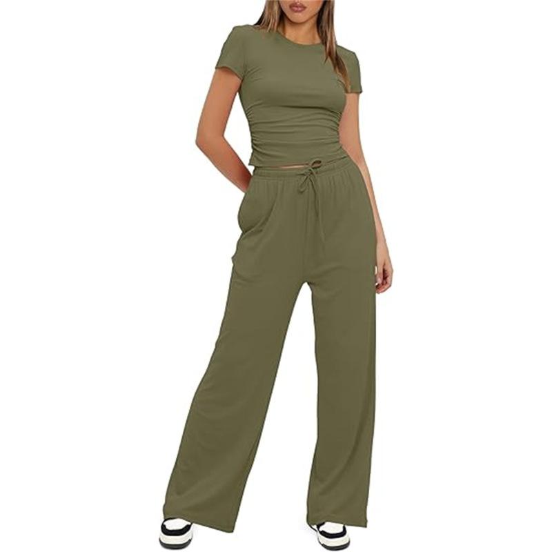 Women's Set Summer Short-sleeved Pleated Top Casual Sweatpants
