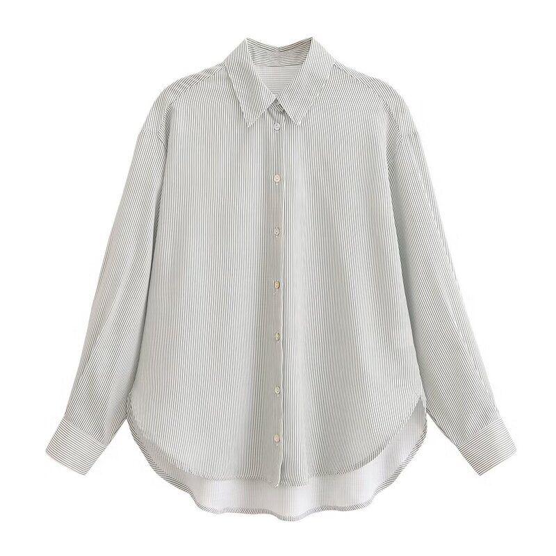 Fashion Style Summer New Women's Linen Blended Long Sleeves Polo Collar Stripes Loose Shirt 0340151