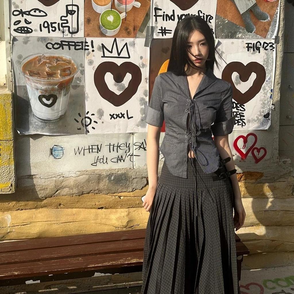 Винтажные сексуальные кокетливые блузки женские корейский стиль панк уличная одежда полосатый принт бандажные ажурные тонкие рубашки Y2k